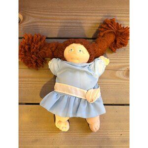 Vintage Handmade Cloth Doll With Brown Yarn Hair & Blue Dress Signed By Artist